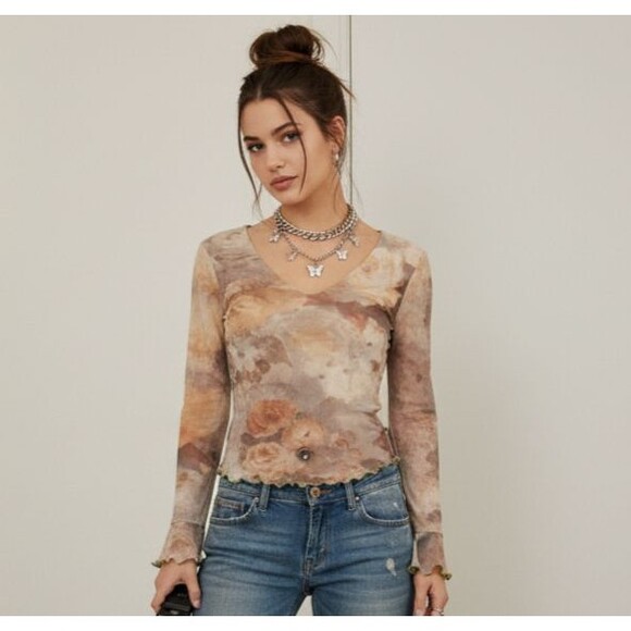 VTG Y2K Therapy Mesh V-Neck Top S Floral Roses Fairycore Whimsy Stretch - Picture 1 of 6